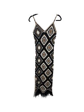Elam Crochet Maxi Dress Boho Festival Granny Square Fringe Knit S Y2K Coverup
